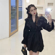 Ruffles Lace Up Mini Dress Women Spring Vintage Party Dress Flare Sleeve Black V-Neck Korean Elegant A-Line Cotton Spring X895 2024 - buy cheap