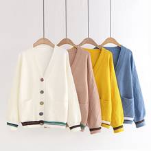 Suéter de punto plano de una hilera para mujer, suéter holgado de manga larga con bolsillos a rayas, cuello en V, moda para primavera 2024 - compra barato