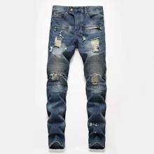 2021 Autumn Spring Men's Ripped Print Street HIP Hop Punk Stretch Bike Jeans Trendy Holes Straight Denim Trousers 2024 - buy cheap