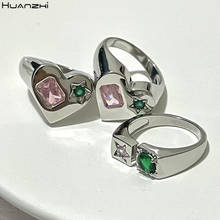 HUANZHI Trendy Silver Color Heart-shaped Square Geometric Pink Zircon Opening Strip Rings for Women Girls 2021 Jewelry Gifts 2024 - buy cheap