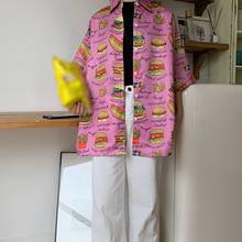 Blusa feminina estampada vintage, camisa de verão solta com gola virada para baixo 2024 - compre barato