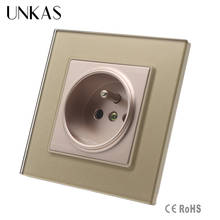 UNKAS-enchufe estándar francés de lujo, interruptor de cristal dorado, 2 pines francés de enchufe de pared, Panel de cristal templado 2024 - compra barato
