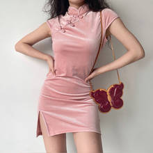 Women Velvet Mini Bodycon Dress With Mandarin Collar Chinese Mini Dress 2024 - buy cheap