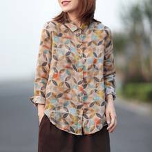 Cotton Linen Casual Geometric Pattern Shirts Women Spring Vintage Print Loose Female Long SLeeve Tops and Blouses 2021 Blusas 2024 - buy cheap