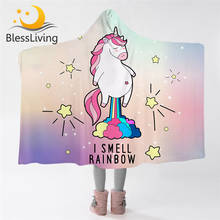 BlessLiving-Manta con capucha de unicornio, manta de Sherpa de lana con dibujos animados, con olor a arcoíris, rosa y azul 2024 - compra barato