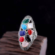 Настоящее чистое кольцо из стерлингового серебра 925 пробы для женщин, винтажное ювелирное изделие, много натуральных камней, регулируемые преувеличенные женские большие кольца 2024 - купить недорого