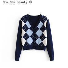 Chu Sau beauty Autumn Winter Wear Office Lady Chic Plaid Printed Loose Sweaters Women Knitted Cardigans Elasticity Warm Tops 2024 - buy cheap