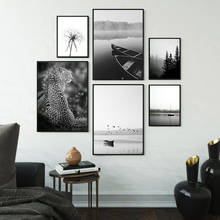 Pintura de paisagem natural, escandinavo, preto, branco, poster nórdico, leopardo, floresta, barco, parede, arte, decoração para casa 2024 - compre barato