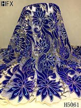 HFX-tela de encaje de terciopelo Nigeriano para boda, tejido africano azul real de alta calidad, tul francés con lentejuelas, 2021, H5061 2024 - compra barato