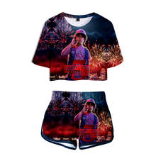 Conjunto feminino de camiseta stranger things temporada 3, duas peças, série de tv quente 2020, nova moda impressa, coisas de stranger, umbigo, calças curtas, 2024 - compre barato