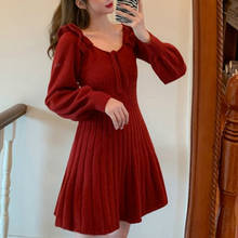 Coreano 2021 outono inverno vestido de malha feminino doce babados o-pescoço elegante camisola mini vestido vintage kawaii vestidos de uma peça 2024 - compre barato