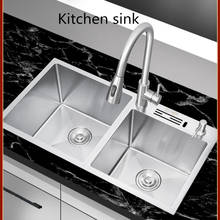 Home Sink 304 Stainless Steel Brushed Kitchen Sink Double Bowl Above Counter or Under Mount Sink with Faucet Farmhouse Sink 2024 - buy cheap