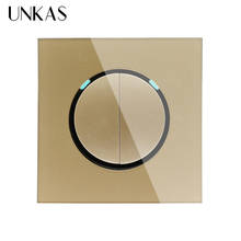 UNKAS-Panel de cristal templado negro, 2 entradas, 1 vía, interruptor de luz de pared con indicador LED, clic aleatorio 2024 - compra barato