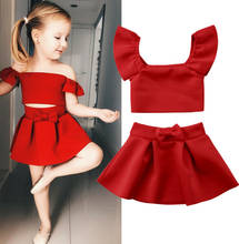 Summer Toddler Kid Baby Girl Off Shoulder Solid Color Ruffles Tops Red Skirt Outfit Set Clothes 2024 - buy cheap