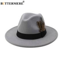 BUTTERMERE Women Men Wool VintageTrilby Felt Fedora Hat with Feather Wide Brim Gentleman Elegant Lady Winter Autumn Jazz Caps 2024 - buy cheap