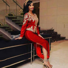 Vintage Red Kaftan Morrocan Evening Dress Long Sleeve Mid Length Silk Satin Short Prom Dress Arabic Karakou Algerie Party Dress 2024 - buy cheap