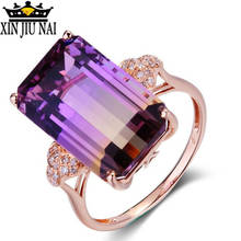 Anel feminino retangular em ouro rosê, anel de cristal multicolor com pedra feminino luxo roxo, lindo anel para festa e bola 2024 - compre barato