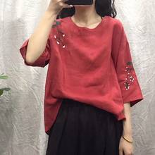 Women Loose Embroidered Linen Blouse Tops Ladies Vintage Flax Round Neck Shirt Female 2020 Summer Shirts 2024 - buy cheap