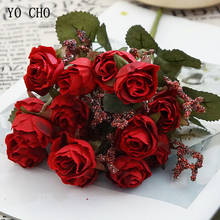 YO CHO 15 голов Шелковые Розы Искусственные цветы букет ткань поддельные Флорес для свадьбы домашний декор "сделай сам" стол осень фланелет Роза 2024 - купить недорого