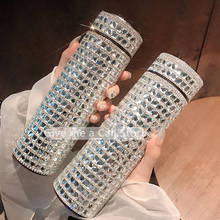 Cristal brilhante diamante inteligente copo garrafa térmica portátil garrafa de água quente temperatura display vácuo garrafa caneca feminino presentes 480ml 2024 - compre barato