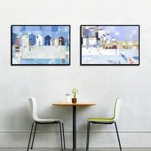 Poster artístico abstrato de parede, 2 peças, pintura em tela de casa azul, pintura de paisagem e impressões, pintura decorativa sem moldura 2024 - compre barato