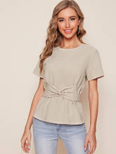 2021 New Summer Women Casual Short Sleeve O-Neck T Shirt Bow Design Khaki Cotton Linen Ladies Tops T-shirt 2024 - buy cheap