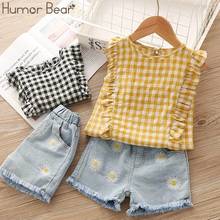Humor Bear-ropa de verano para niñas, conjunto de 2 uds. De camiseta y pantalón vaquero con tira de encaje 2024 - compra barato