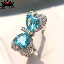 Anéis de cristal zircônio cúbico azul-água-cor de prata cz anel de casamento com laço para mulheres/meninas presente joia anel aquário-marinho 2024 - compre barato