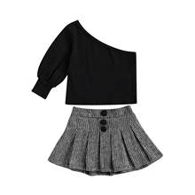 Trajes elegantes para niños y niñas, ropa de otoño y primavera, un hombro, manga abombada, Tops negros + minibotones, Falda plisada, conjunto de fiesta de 1 a 6 años 2024 - compra barato