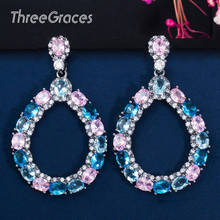 ThreeGraces Trendy Blue Pink Round Cubic Zirconia Big Water Drop Long Hollow Out Dangle Earrings for Women Party Gift ER383 2024 - buy cheap