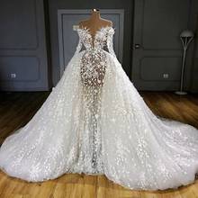 Luxury Illusion Overskirts Wedding Dresses Full Sleeves See Through Pearls Appliques Bridal Gowns Sheer Neck vestido de novia 2024 - buy cheap