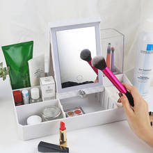 Espejo de maquillaje con pantalla táctil LED, caja de almacenamiento de cosméticos con carga USB, tocador de escritorio, iluminación LED 2024 - compra barato