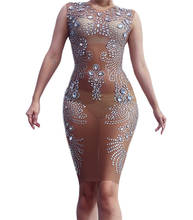 Women's Birthday Sexy Silver Stones Mesh Transparent Dress Rhinestones See Through Stretch Dress Singer Dress  Celebrate Dress 2024 - buy cheap