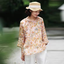 Johnature Women Vintage Chinese Style Ramie T-Shirts Three Quarter Sleeve O-Neck Loose T-Shirt 2021 Summer New Print Floral Tees 2024 - buy cheap