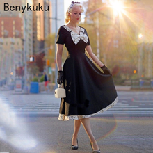 Bow V Neck Retro Vintage 50s Black Audrey Hepburn Dress Elegant Summer Clothes Swing Polka Dot Patchwork Plus Size Pinup Jurken 2024 - buy cheap