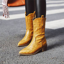 Ymechic botas femininas de salto alto, sapatos pretos, marrom e amarelos com estampa de pedra na altura da panturrilha 2024 - compre barato