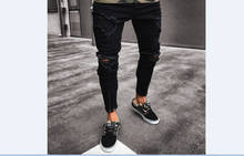 Hotwon Casual Men Pants Slim Hole Denim Pants Jeans Skinny Frayed Pant Distressed Ripped Troursers Zipper Streetwear Hip Hop 2024 - buy cheap