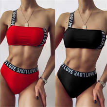 Hot Summer Womens Sports 2Pcs Bikini Suit Fashion One Shoulder Bustier Swimwear High Waist Patchwork Female Bikini Set Beachwear 2024 - buy cheap