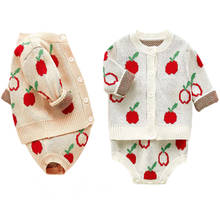 Terno de algodão para meninas primavera e outono, conjunto de roupas de malha para bebês, casaco apple + macacão infantil, roupas de inverno 2024 - compre barato