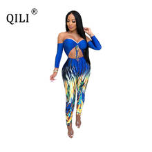 QILI Women Off Shoulder Long Sleeve Jumpsuits Hollow Out Print Fashion Casual Jumpsuit Club Sexy Clothing 2024 - buy cheap