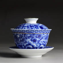 Cuenco de té chino Jingdezhen, juego de té Retro de porcelana azul y blanca Gaiwan, tazas de té Puer de cerámica con platillo, borde dorado, Teaware 2024 - compra barato