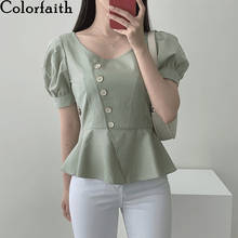 Colorfaith New 2021 Women Summer Blouses Shirts Buttons Vintage Korean Style Minimalist Fashionable Lady Wild Short Tops BL3368 2024 - buy cheap