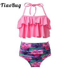 Tiaobug-conjunto de maiô tankini para meninas, verão, roupa de banho, halter, roupa para nadar, com babados, floral, roupa de praia 2024 - compre barato