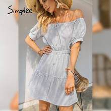 Simplee vestido listrado com um ombro manga bufante, vestido curto sexy feminino de verão, vestido com botões e manga curta elegante para escritório 2021 2024 - compre barato