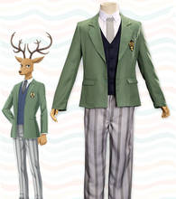 5 pçs anime beastars louis cosplay traje legoshi cherryton academia conjunto uniforme dos homens terno verde camisa colete cinto calças gravata 2024 - compre barato
