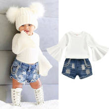 Toddler Kids Baby Girl Flare Long Sleeve White Tops + Jeans Pants Ripped Bottoms Outfits Summer Clothes Set 6M-5Y 2024 - buy cheap