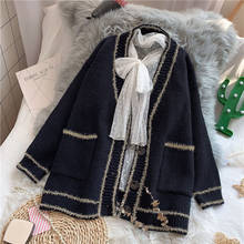 Knitted Women Sweaters and Cardigan 2021 Winter New Loose Thicken Warm Pocket Black Beige Casual Style Outwear Coat Tops 2024 - buy cheap