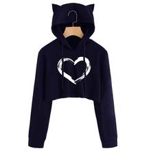 Womens Cat Ear Sweatshirt Long Sleeve Hoodies Pullover Heart Print Harajuku Warm Kawaii Female Casual Hooded Pullover Clothing 2024 - buy cheap