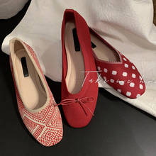 square toe shallow knitting flats shoes 3 styles bow-knot/polka dot/ethnic ballet flats shoes casual lazy slip-on loafers women 2024 - buy cheap