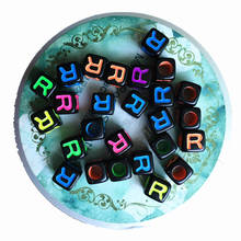 Free Shipping 100pcs 7*7mm Neon Colors Single Initial R printing Cube Square Black Pearl Plastic Alphabet jewelry Beads 2024 - buy cheap